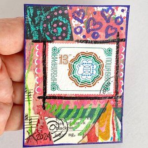 ACEO Original Collage Painting Vintage 80’s International Postage Stamp Art ATC